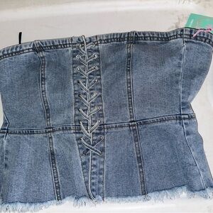 Forever 21 Blue Crop Top with Structured Paneling and Raw Hem